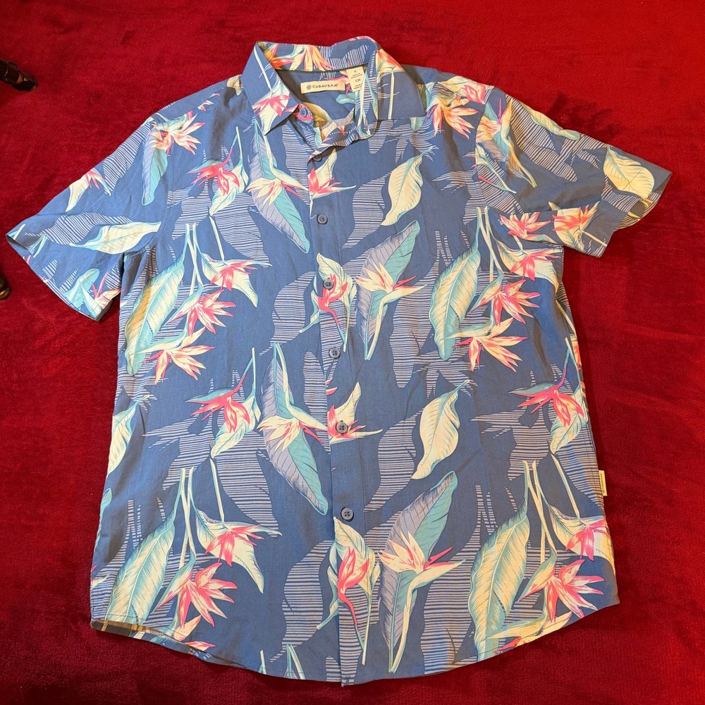 Cubavera Mens Small Bird of Paradise Floral Viscose Short Sleeve Button Down